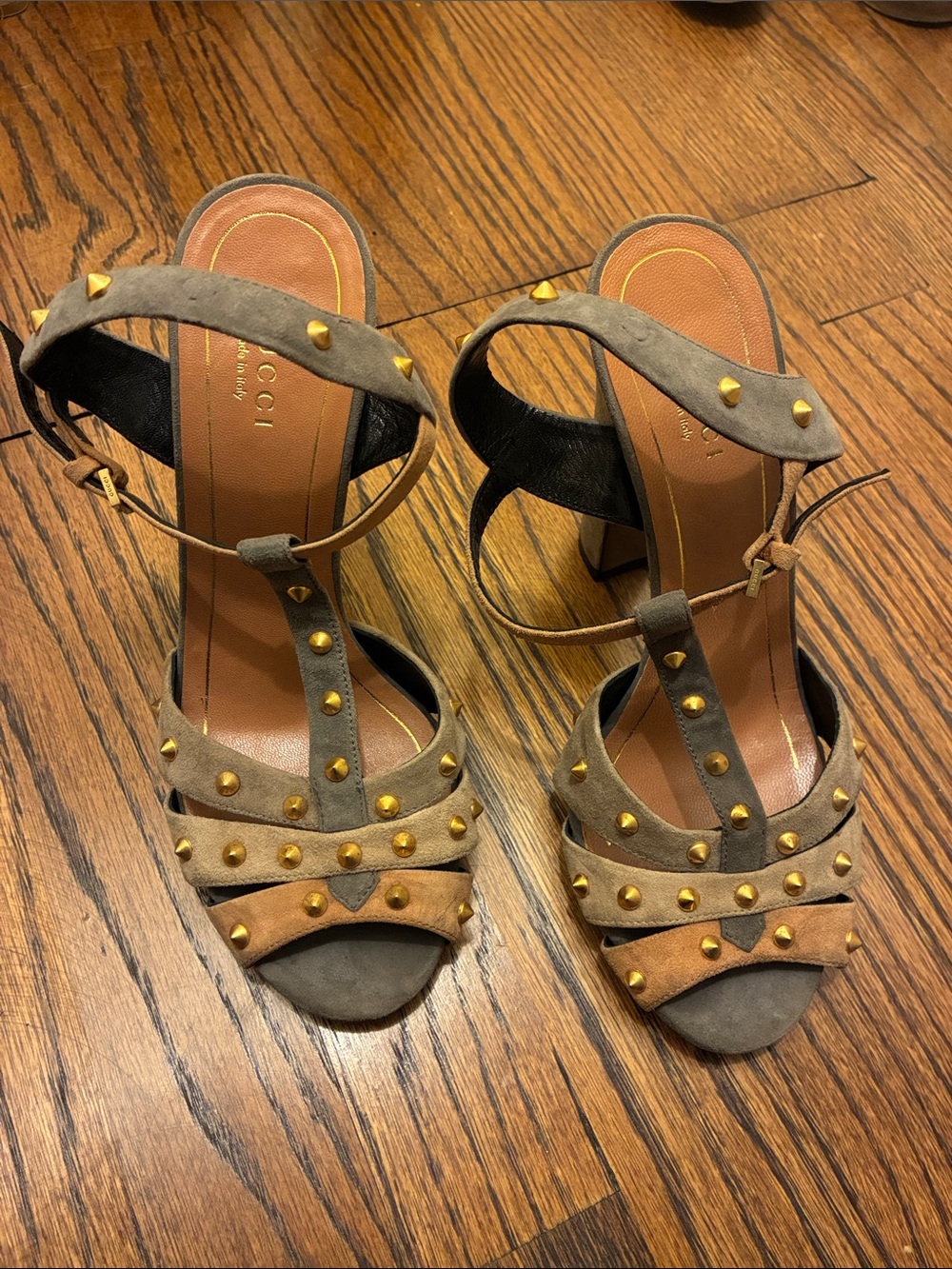 Gucci Taupe and Tan Studded Suede Ankle-Strap Heels